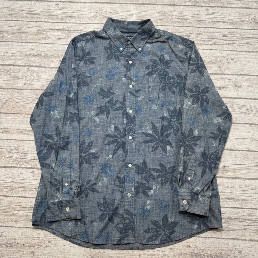 Chaps Shirt Men's XL Blue Floral Tropical Button Down Cotton Long Sleeve Summer